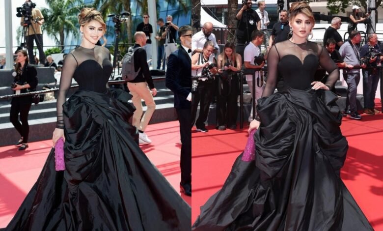 Ear 2025: Urbashi Routela Black Tafita está defectuosa en el vestido de los vestidos