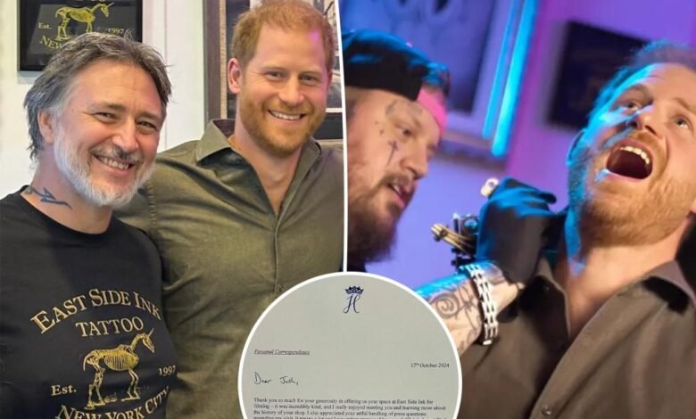 Príncipe Harry gracias a los artistas de tatuajes de Nueva York por ‘manejo de la prensa’ en letra privada: ‘Duding hábil’ Príncipe Harry gracias a los artistas de tatuajes de Nueva York por ‘manejo de la prensa’ en letra privada: ‘Duding hábil’