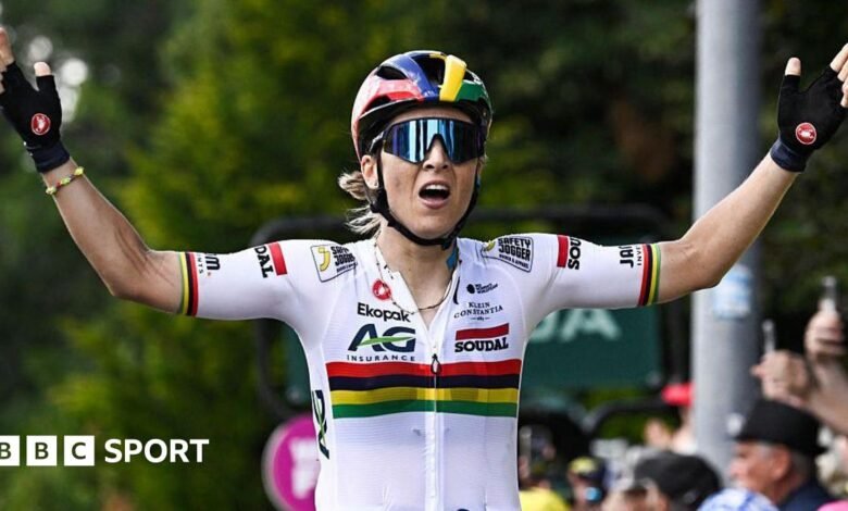 Tour de France Feemmes: Kim Le Court usando camisas amarillas con el primer africano Tour de France Feemmes: Kim Le Court usando camisas amarillas con el primer africano