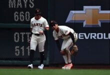 El gigante Jung Hoo Lee comienza, muslos y pantorrillas antes de pellizcar el béisbol entre la rodilla