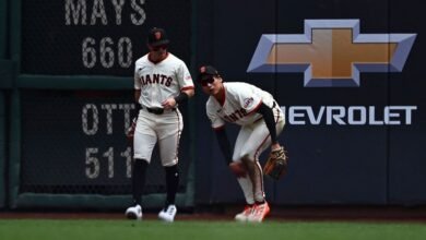 El gigante Jung Hoo Lee comienza, muslos y pantorrillas antes de pellizcar el béisbol entre la rodilla