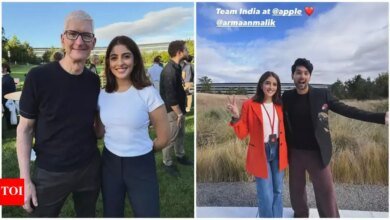 La nieta de Amitabh Bachchan, Naveli Naveli Nand, conoció al CEO de Apple, Tim Cook, posa con Arman Malik en el evento de Capartino.