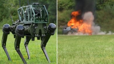 Se presenta el perro robot guerrero autónomo que lanza bombas y rastrea objetivos y los hace añicos