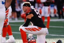 El apoyador del banco de los Bengals, Logan Wilson, está de acuerdo con el novato Barrett Carter.