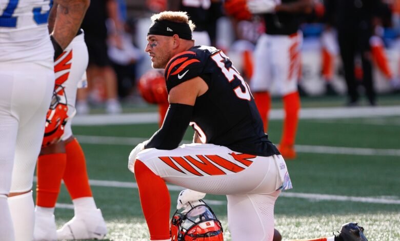 El apoyador del banco de los Bengals, Logan Wilson, está de acuerdo con el novato Barrett Carter. El apoyador del banco de los Bengals, Logan Wilson, está de acuerdo con el novato Barrett Carter.
