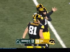 Drew Stevens hizo el tiro de campo de 44 yardas ganador del juego para darle a Iowa una victoria sobre Michigan State