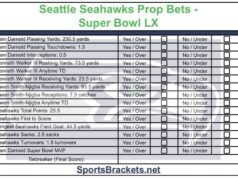 Hoja de apuestas de utilería de los Seattle Seahawks para imprimir gratis para el Super Bowl LX 2026: Seahawks vs Patriots en PDF